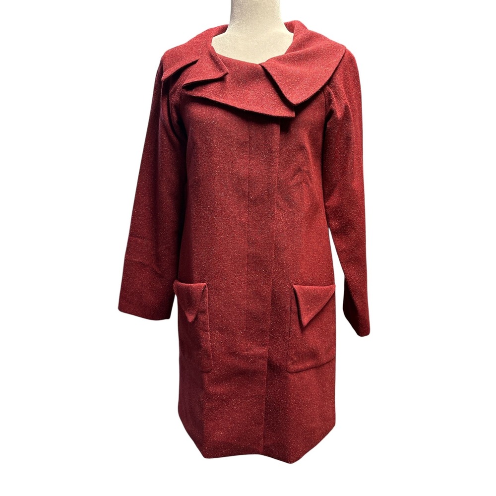 Veronika Maine Architectural Red Coat Sculptural Collar Italian Fabric Size 6